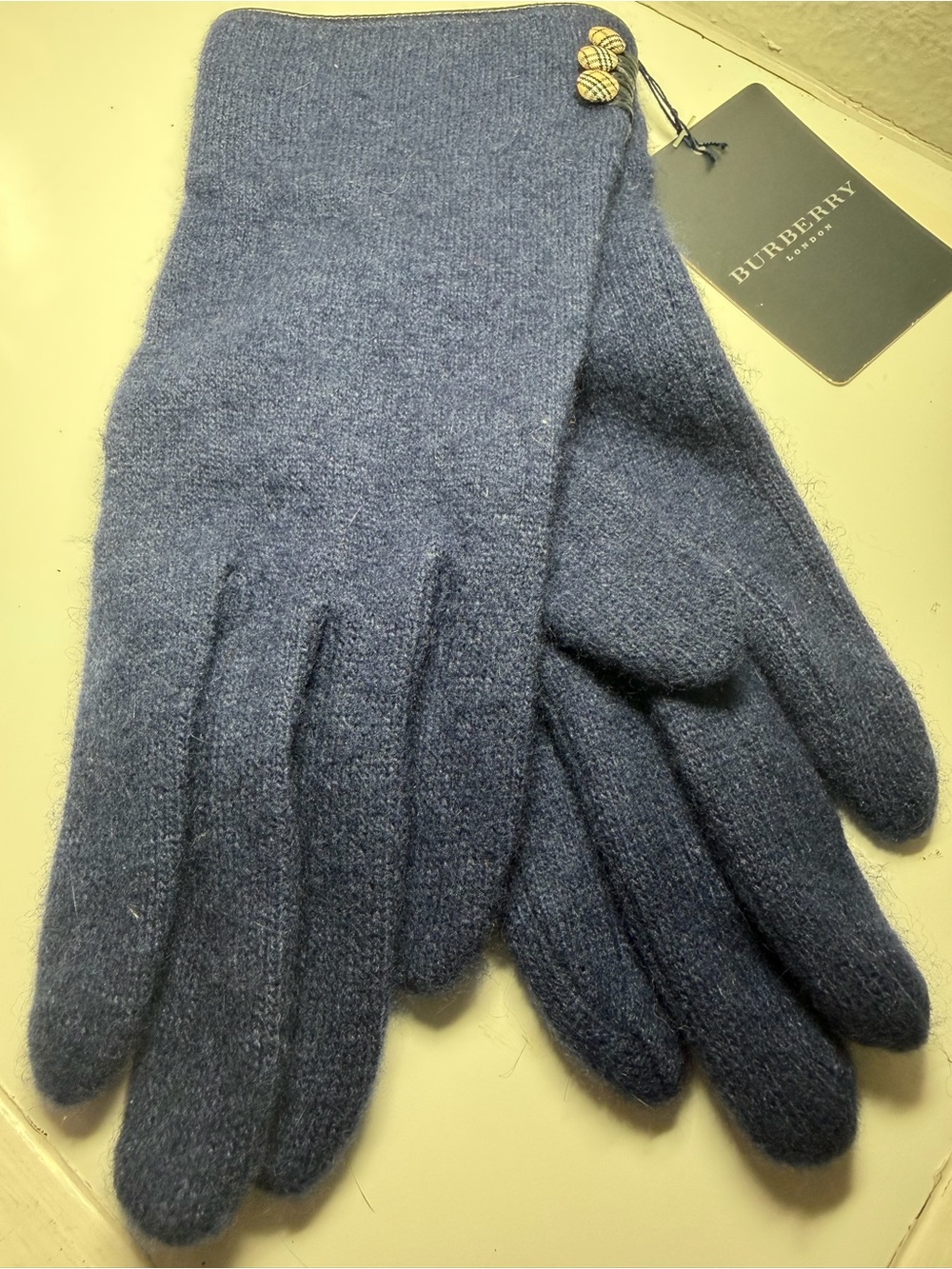 Burberry Blue Cashmere-Blend Women's Gloves with Plaid Button Detail
